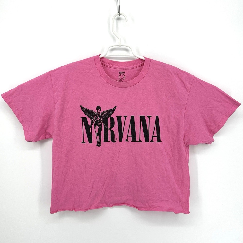 Nirvana Women's Pink Cropped Band Concert Tee T-Shirt Size L